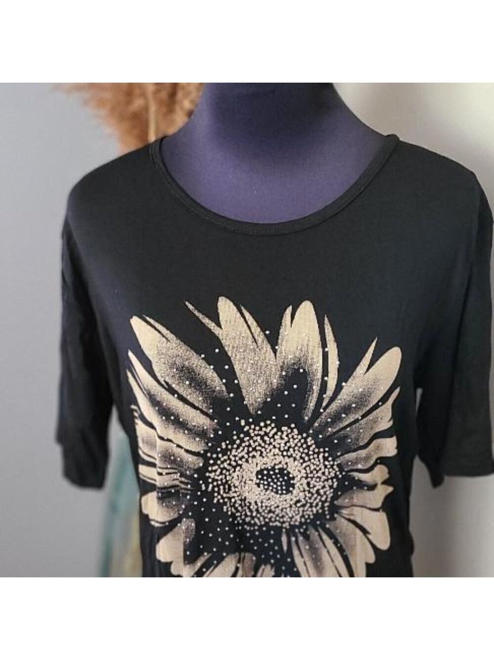 TRÏBE Sunflower Print Black 3/4 Sleeve Cotton Tee With Rhinestone Detail Size OS